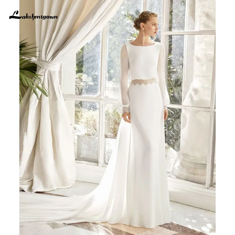 Roycebridal Chiffon Beach Wedding Dress 2021 Lace Boho Bride Dress Long Sleeves Backless Wedding Gown Custom Made Vestidos de novia