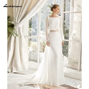 Roycebridal Chiffon Beach Wedding Dress 2021 Lace Boho Bride Dress Long Sleeves Backless Wedding Gown Custom Made Vestidos de novia