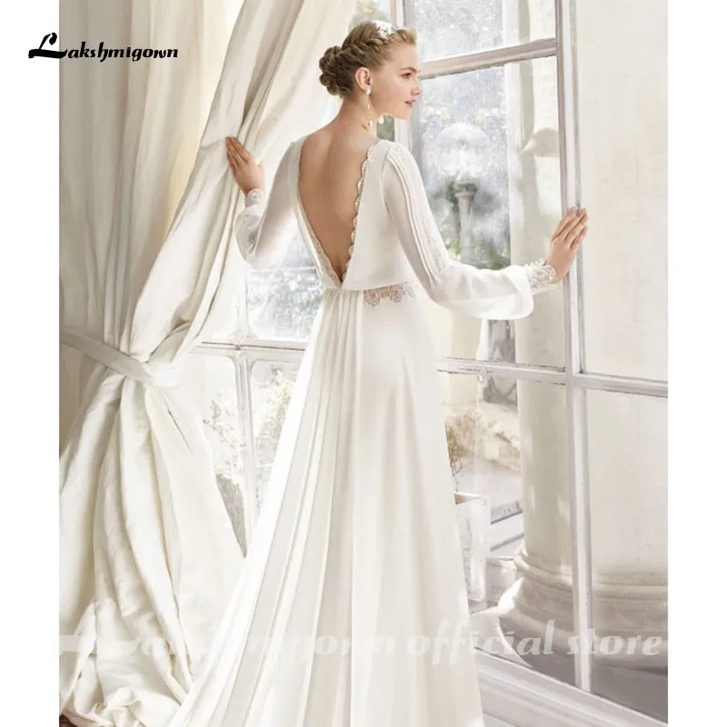 Roycebridal Chiffon Beach Wedding Dress 2021 Lace Boho Bride Dress Long Sleeves Backless Wedding Gown Custom Made Vestidos de novia