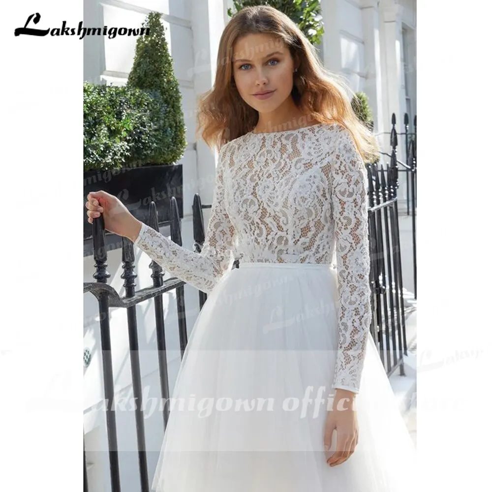 Roycebridal Long Sleeve Lace Tulle O Neck Ball Gown Wedding Dresses With Back Buttons Knee Length Lakshmigown vestido de noiva princesa 2021