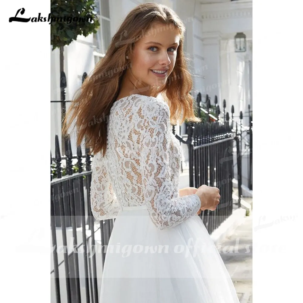 Roycebridal Long Sleeve Lace Tulle O Neck Ball Gown Wedding Dresses With Back Buttons Knee Length Lakshmigown vestido de noiva princesa 2021