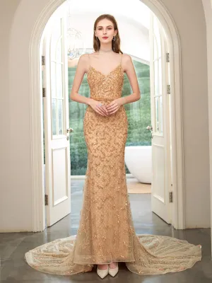 Roycebridal Mermaid Beaded Luxurious Fashion Formal Evening Dresses Spaghetti Strap Sleeveless Floor Length