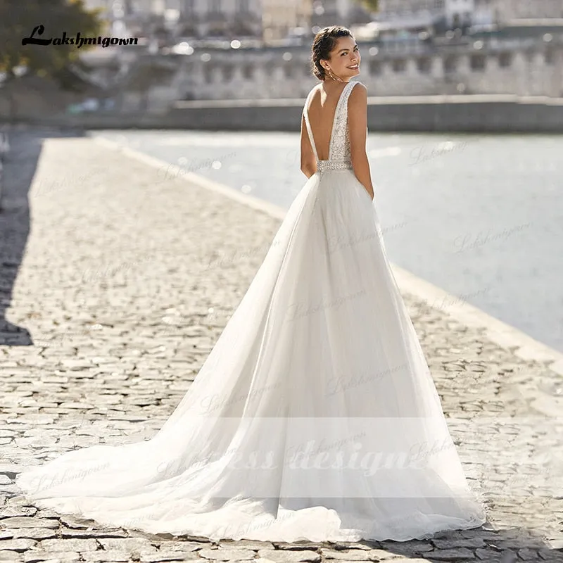 Roycebridal New Boho Lace Wedding Dress 2021 V-neckline robe mariee Tulle A-Line Beach Bridal Gown with Shoulder Straps vestido de novia