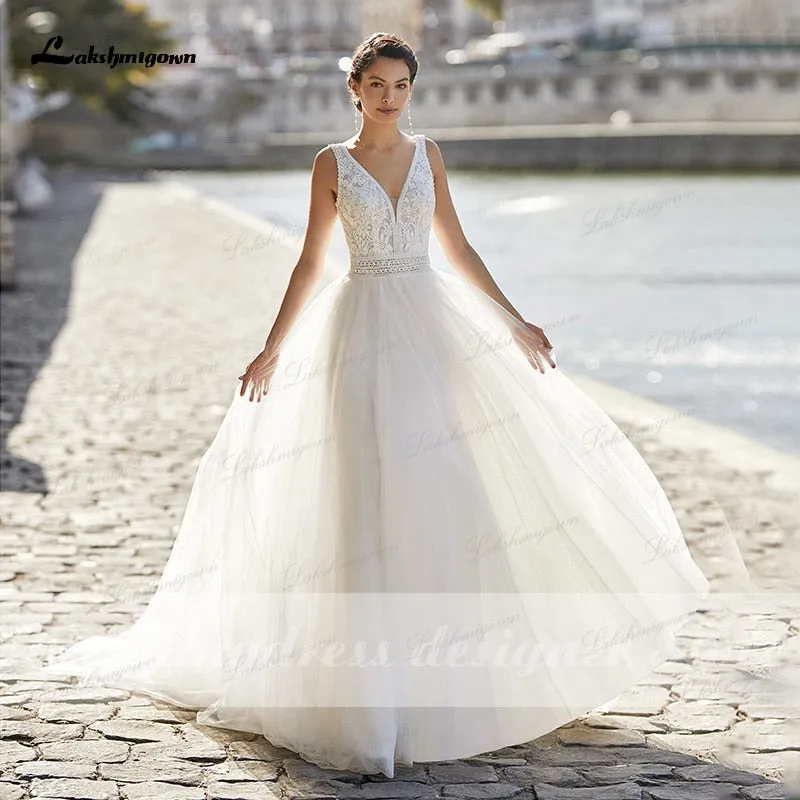 Roycebridal New Boho Lace Wedding Dress 2021 V-neckline robe mariee Tulle A-Line Beach Bridal Gown with Shoulder Straps vestido de novia