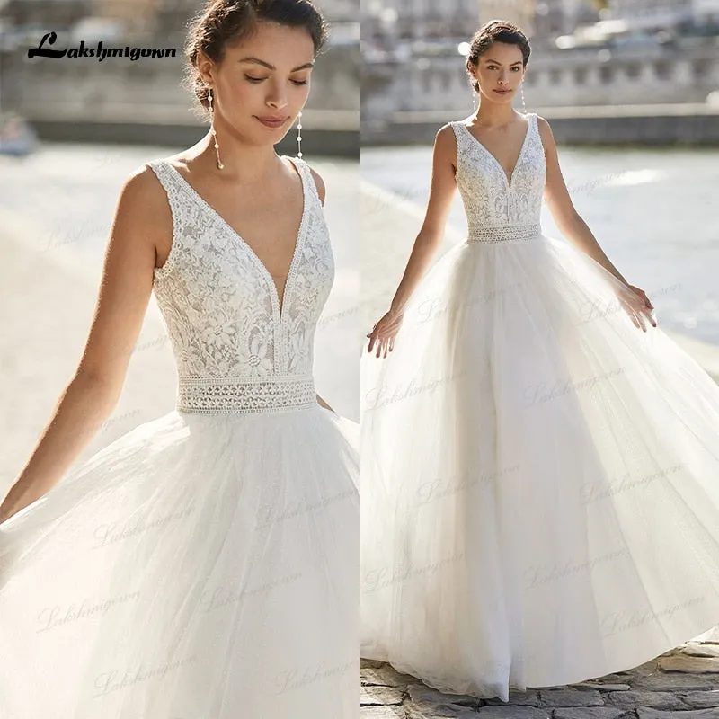 Roycebridal New Boho Lace Wedding Dress 2021 V-neckline robe mariee Tulle A-Line Beach Bridal Gown with Shoulder Straps vestido de novia