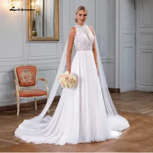 Roycebridal Off the Shoulder Sleeveless Lace O Neck Wedding Dresses