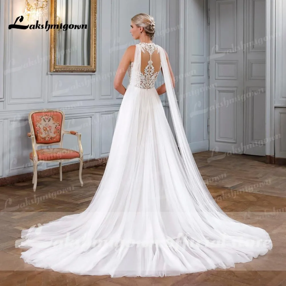 Roycebridal Off the Shoulder Sleeveless Lace O Neck Wedding Dresses