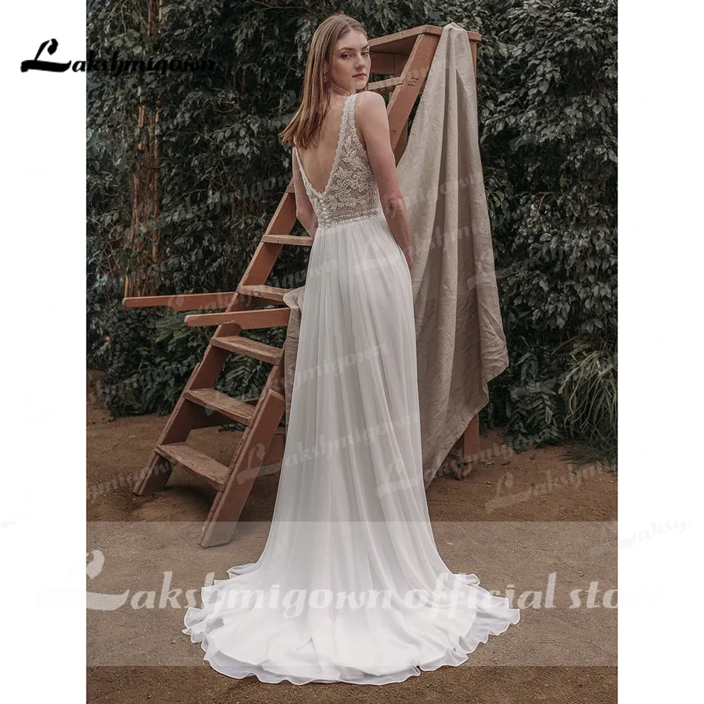 Roycebridal robe soirée mariage Boho Deep V Neck Sleeve Sexy Lace Chiffon High Split Wedding Dresses Beach vestido de novia sin espalda