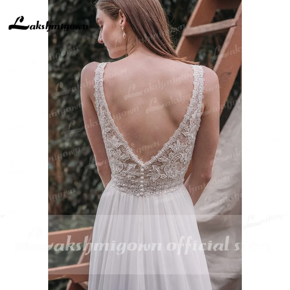 Roycebridal robe soirée mariage Boho Deep V Neck Sleeve Sexy Lace Chiffon High Split Wedding Dresses Beach vestido de novia sin espalda