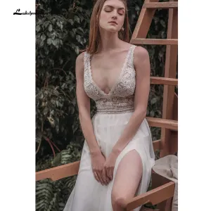Roycebridal robe soirée mariage Boho Deep V Neck Sleeve Sexy Lace Chiffon High Split Wedding Dresses Beach vestido de novia sin espalda