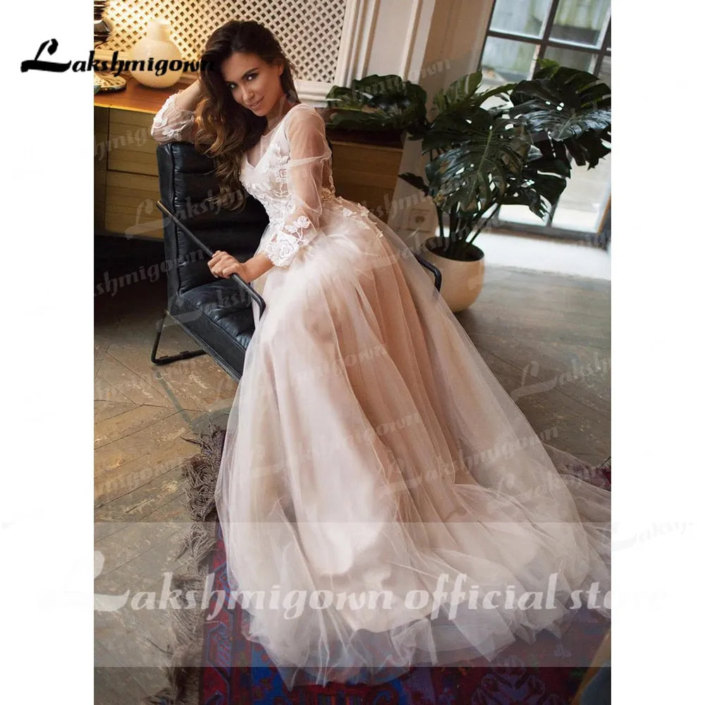 Roycebridal robede mariage  Beach Elegant long Sleeve Lace Tulle Backless Wedding Dresses With Belt A Line vestido de casamento simples