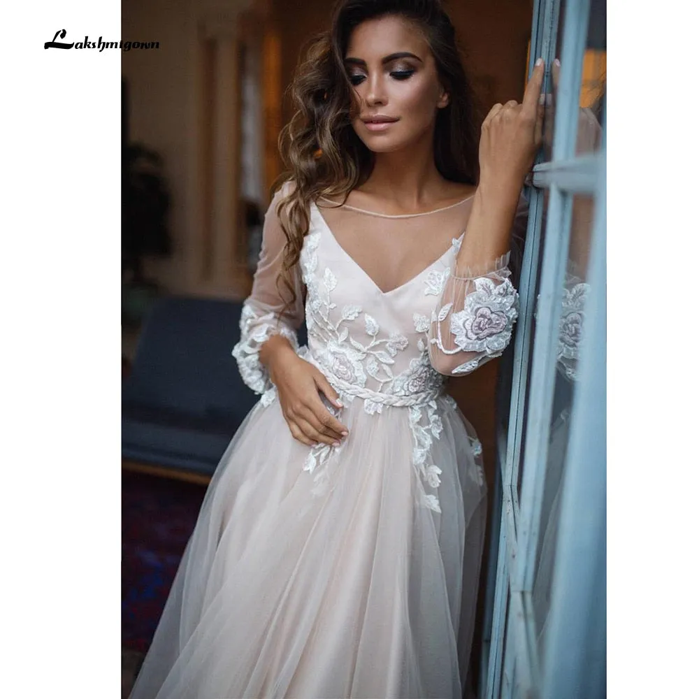 Roycebridal robede mariage  Beach Elegant long Sleeve Lace Tulle Backless Wedding Dresses With Belt A Line vestido de casamento simples