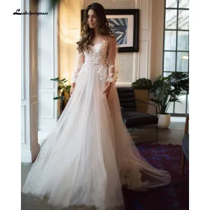 Roycebridal robede mariage  Beach Elegant long Sleeve Lace Tulle Backless Wedding Dresses With Belt A Line vestido de casamento simples