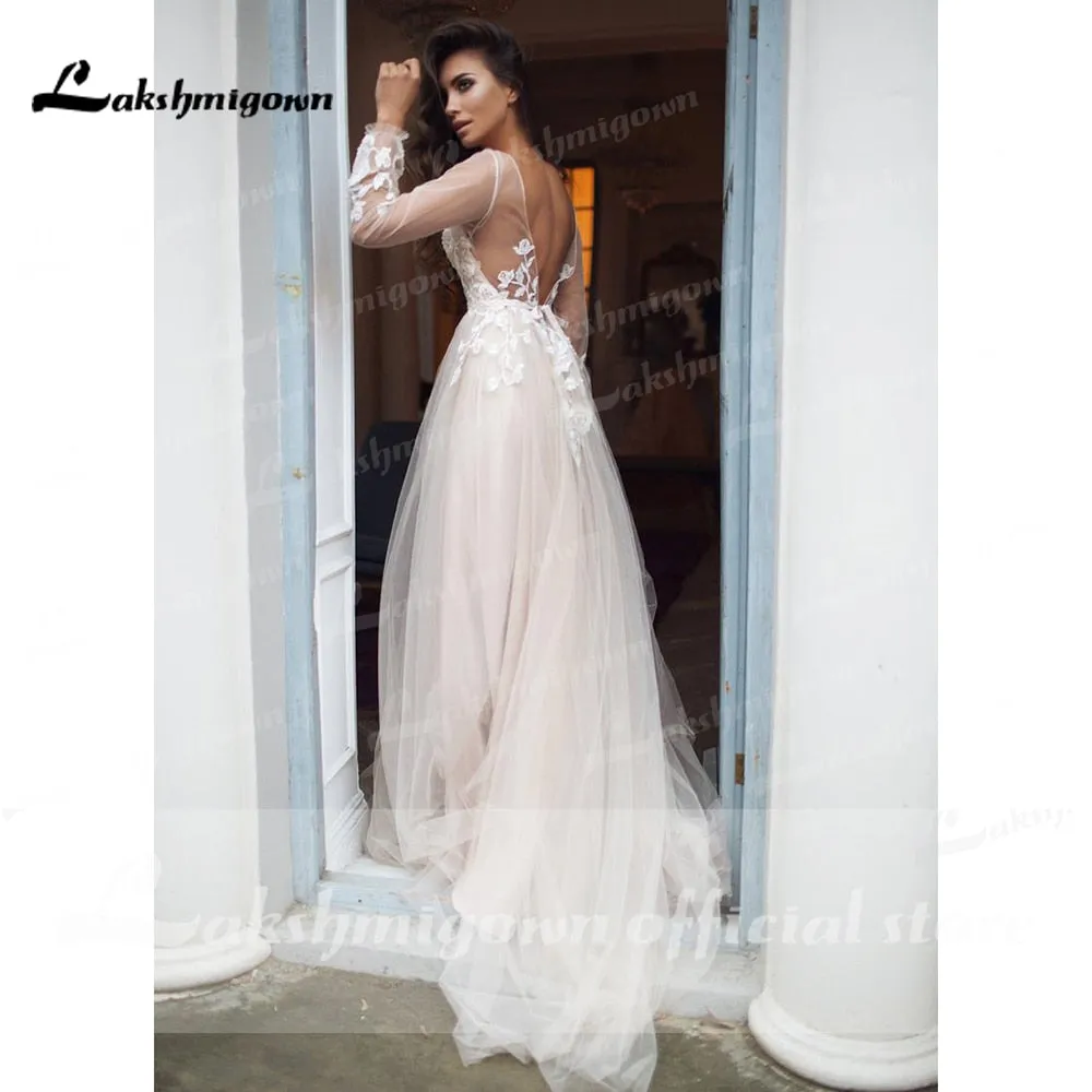 Roycebridal robede mariage  Beach Elegant long Sleeve Lace Tulle Backless Wedding Dresses With Belt A Line vestido de casamento simples