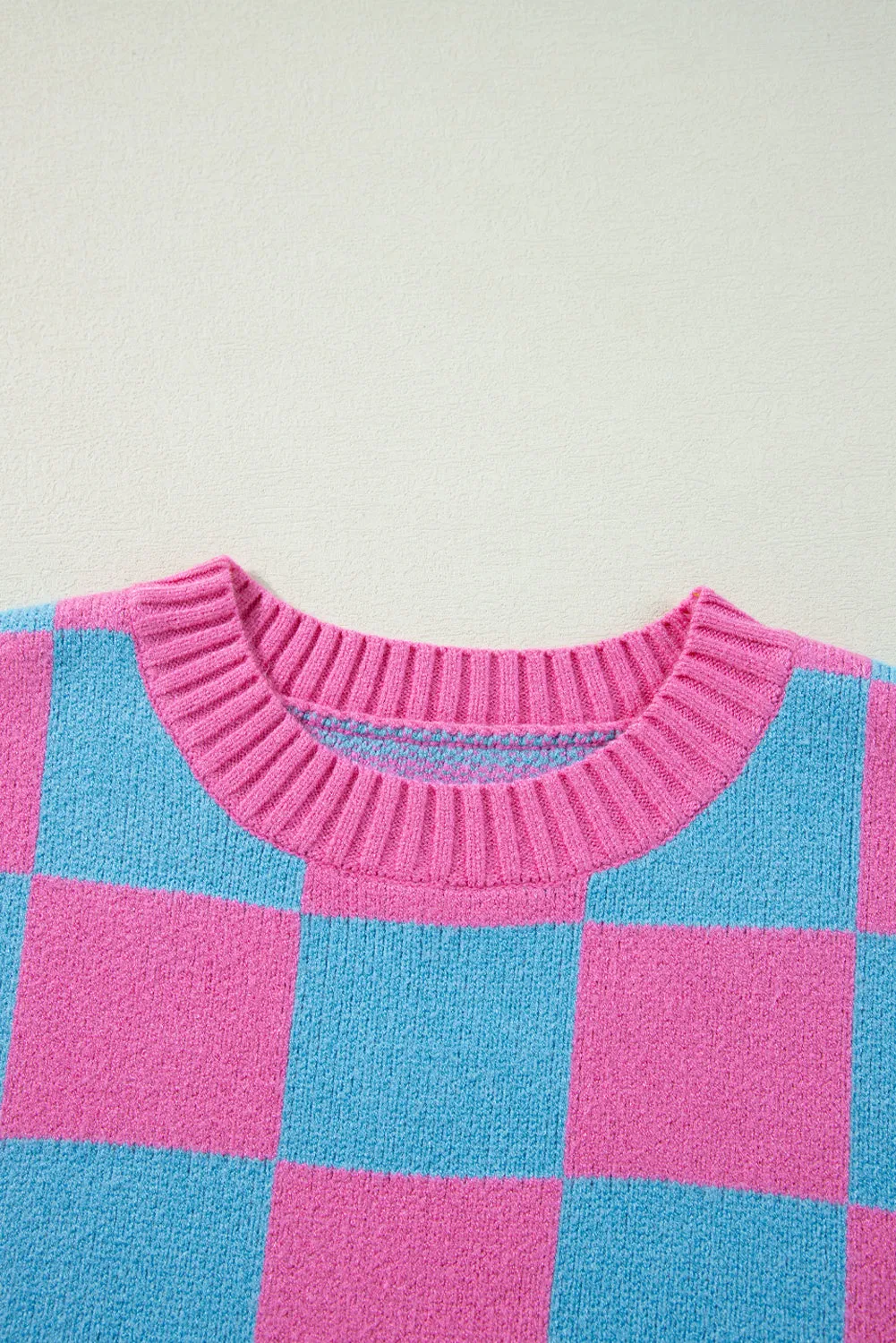 Sachet Pink Colorblock Plaid Pattern Ribbed Trim Sweater Tank Top