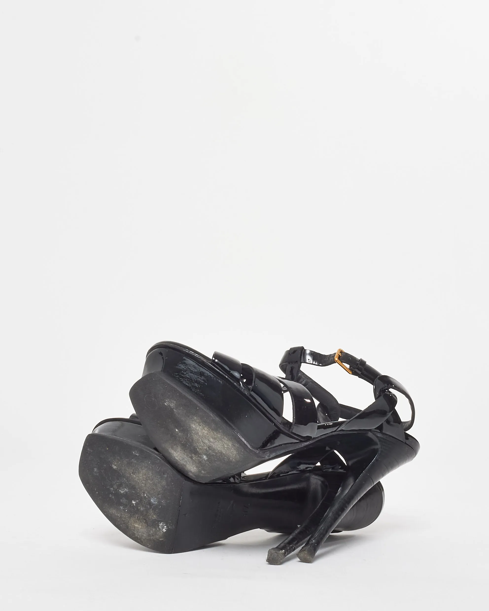 Saint Laurent Black Patent Leather Platform Tribute Sandals - 37.5