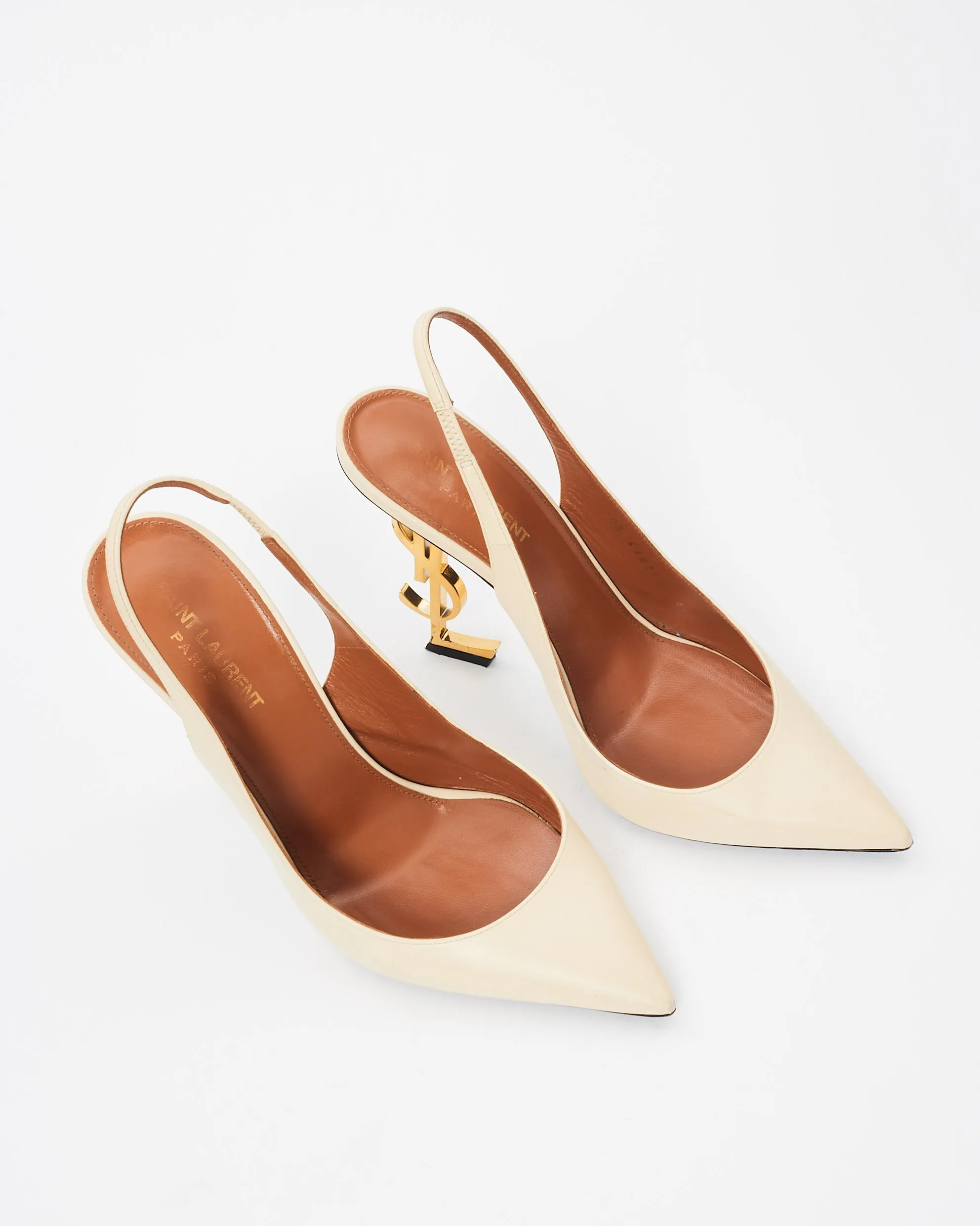 Saint Laurent Cream Leather Slingback Opyum 110 Logo Pumps - 39.5