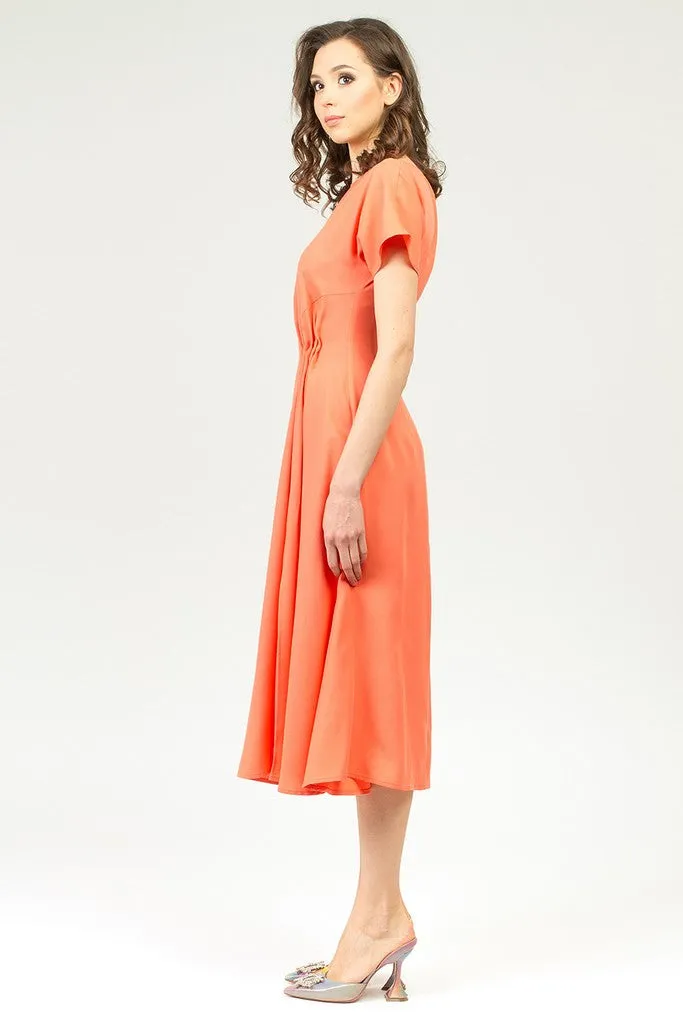 Salmon Summer Office Day A-line Boatneck Short Sleeve Midi Striped Dress