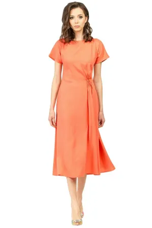 Salmon Summer Office Day A-line Boatneck Short Sleeve Midi Striped Dress