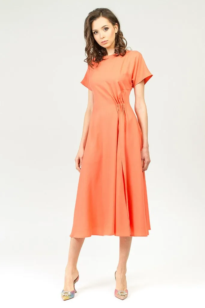 Salmon Summer Office Day A-line Boatneck Short Sleeve Midi Striped Dress