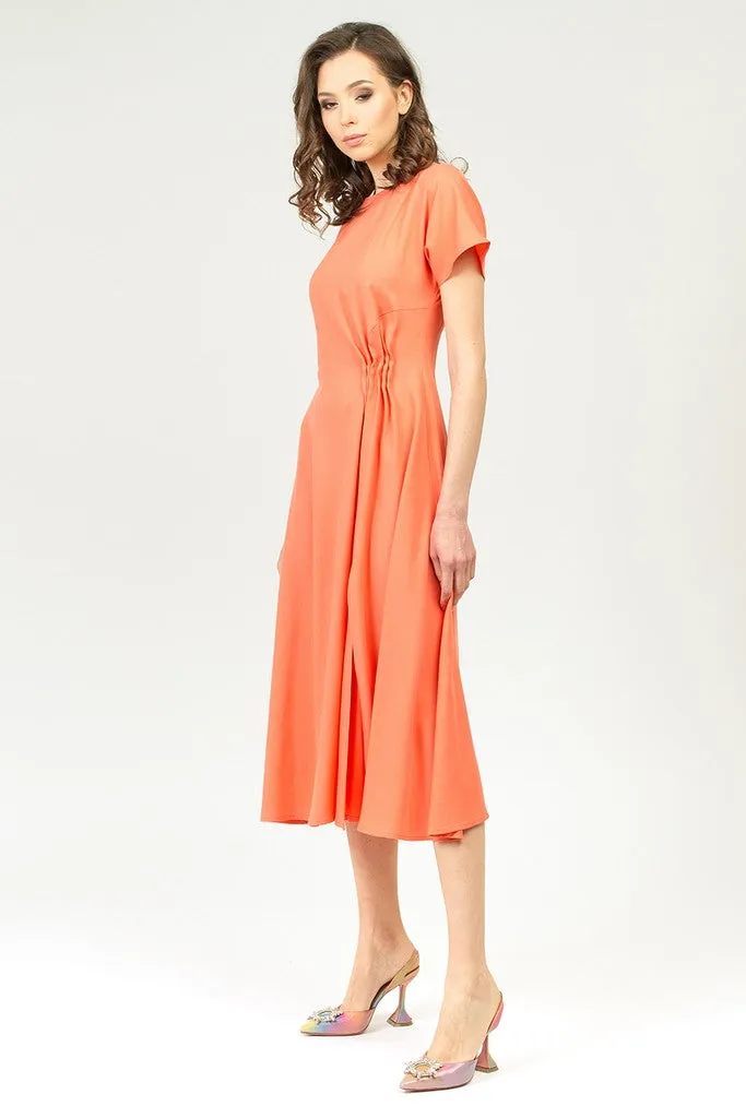 Salmon Summer Office Day A-line Boatneck Short Sleeve Midi Striped Dress