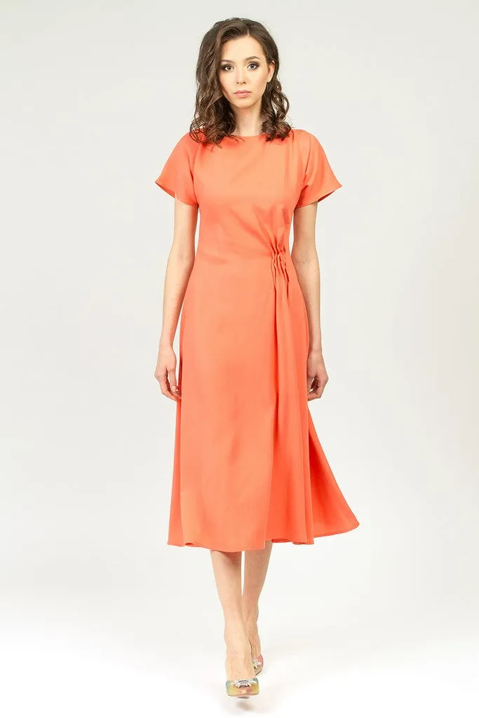 Salmon Summer Office Day A-line Boatneck Short Sleeve Midi Striped Dress