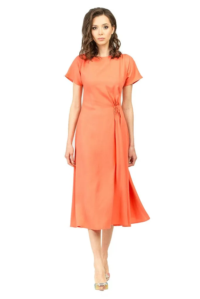 Salmon Summer Office Day A-line Boatneck Short Sleeve Midi Striped Dress