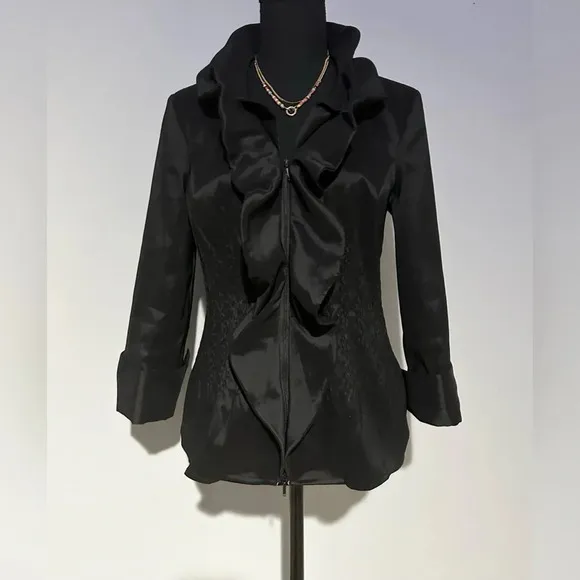 SAMUEL DONG ~ Women’s black satin lightweight 3/4 sleeve ruffled dress jacket