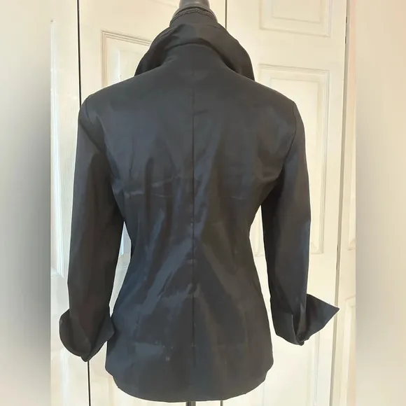 SAMUEL DONG ~ Women’s black satin lightweight 3/4 sleeve ruffled dress jacket