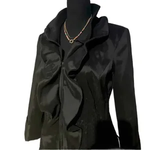 SAMUEL DONG ~ Women’s black satin lightweight 3/4 sleeve ruffled dress jacket
