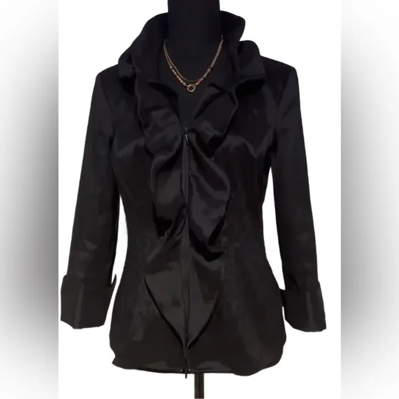 SAMUEL DONG ~ Women’s black satin lightweight 3/4 sleeve ruffled dress jacket