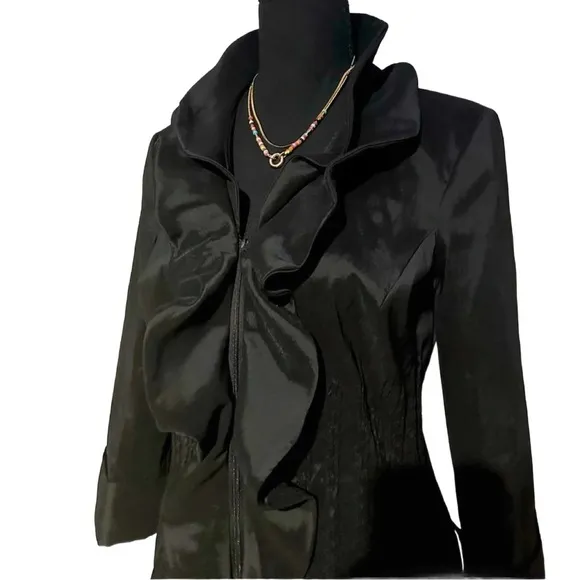 SAMUEL DONG ~ Women’s black satin lightweight 3/4 sleeve ruffled dress jacket