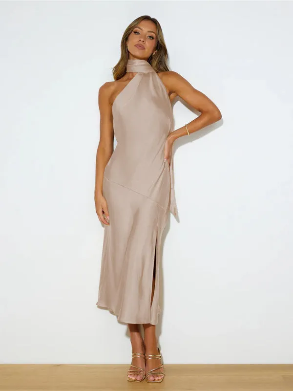 Satin Backless Maxi Dress with Halter Neckline and Slit