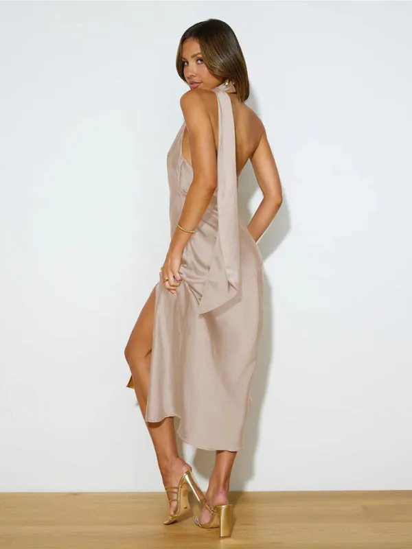 Satin Backless Maxi Dress with Halter Neckline and Slit