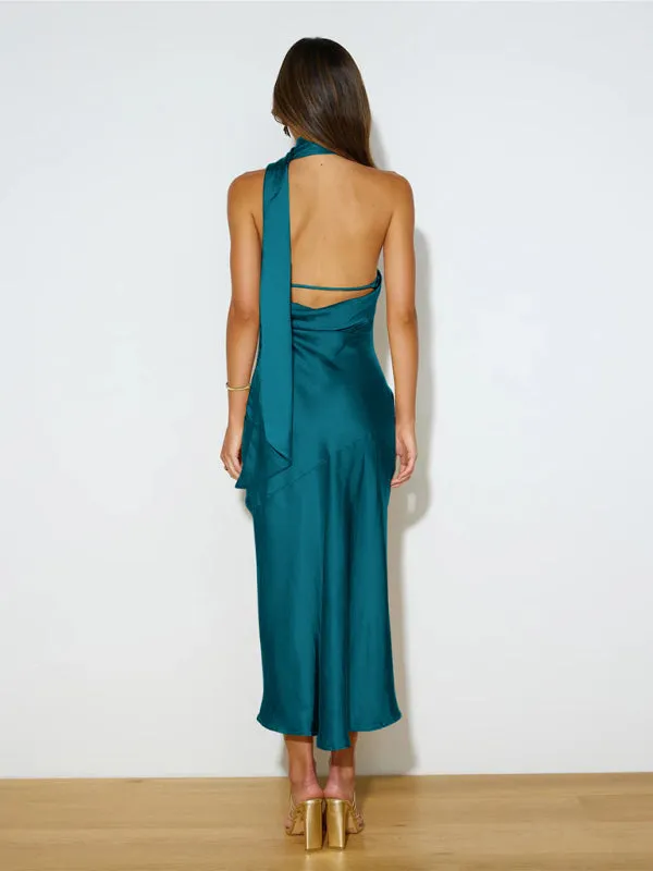 Satin Backless Maxi Dress with Halter Neckline and Slit