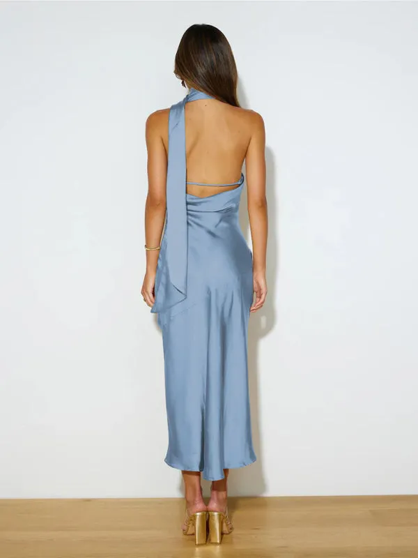 Satin Backless Maxi Dress with Halter Neckline and Slit