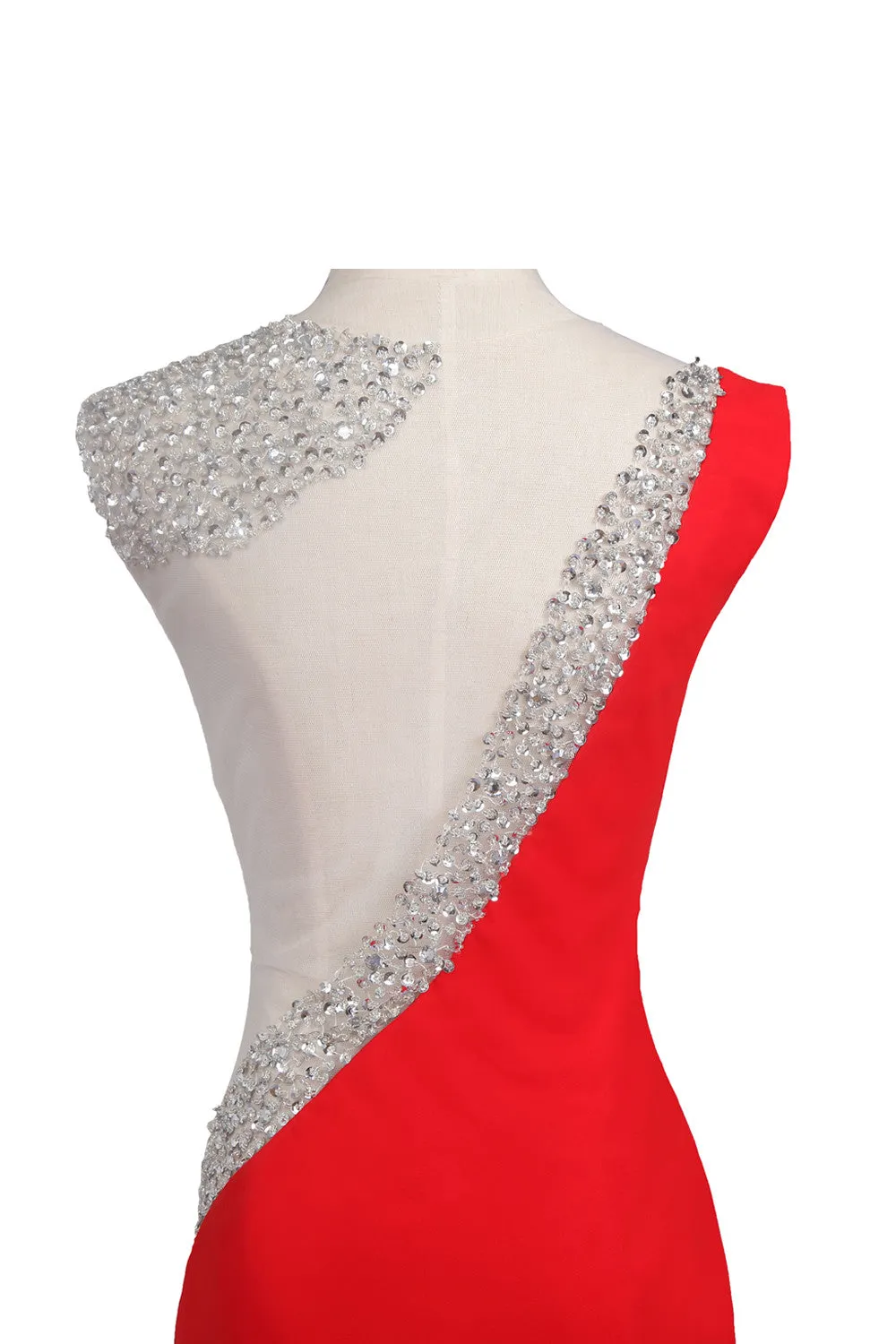 Satin Red Long Beaded One Shoulder Prom Dresses ED0659