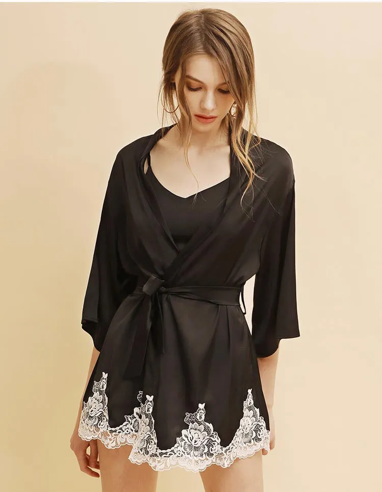 Satin Robe Set with Lace for Spring & Summer, Bridesmaid Robe, Black Satin Dress