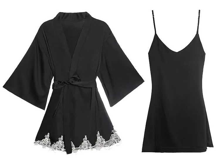 Satin Robe Set with Lace for Spring & Summer, Bridesmaid Robe, Black Satin Dress