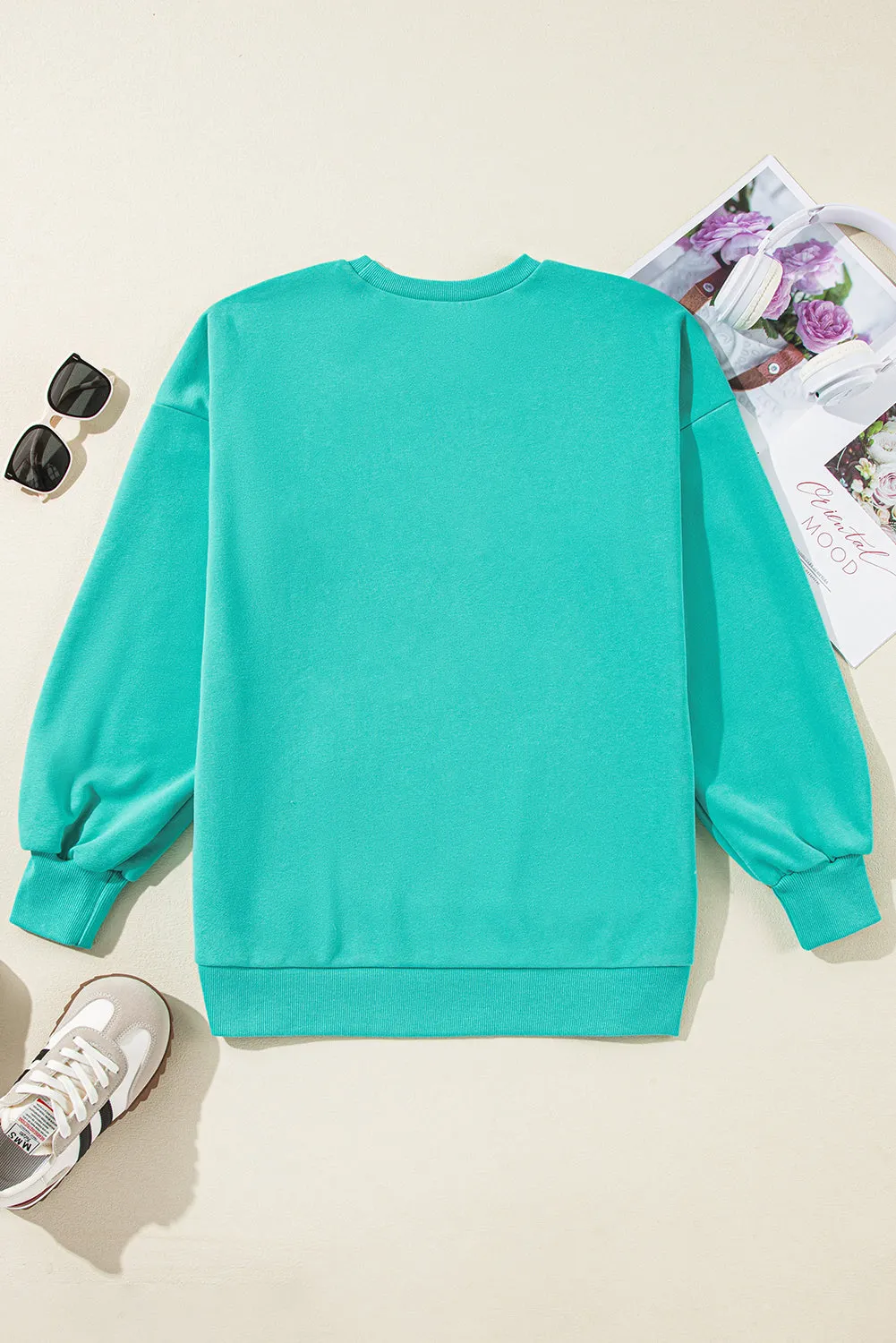 Sea Green Solid Fleece Lined Drop Shoulder High Low Sweatshirt