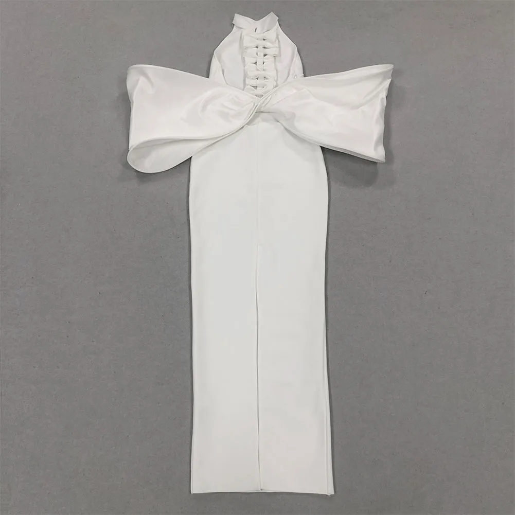 Semi-High Collar Huge Bowknot Maxi Bandage Dress HL9705