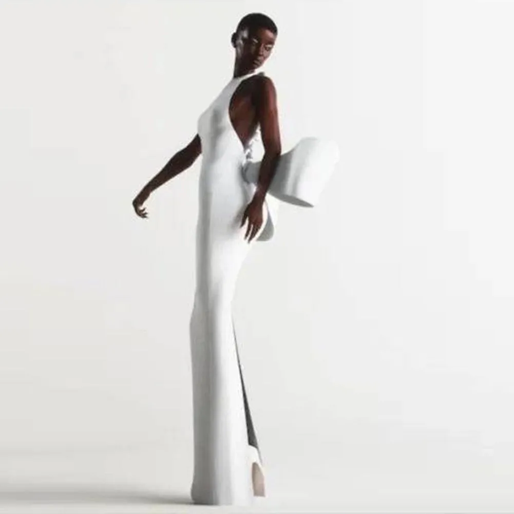 Semi-High Collar Huge Bowknot Maxi Bandage Dress HL9705