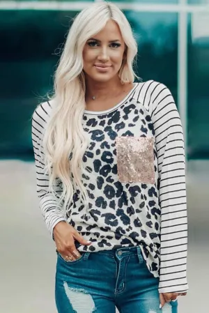 Sequin Pocket Black Leopard Panel Striped Sleeve Top