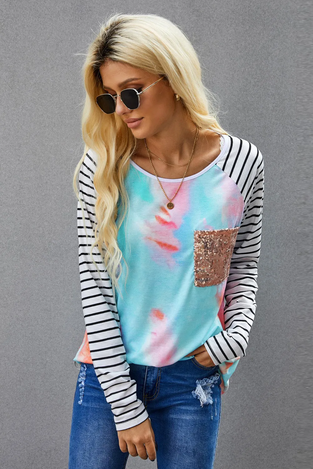 Sequin Pocket Black Leopard Panel Striped Sleeve Top