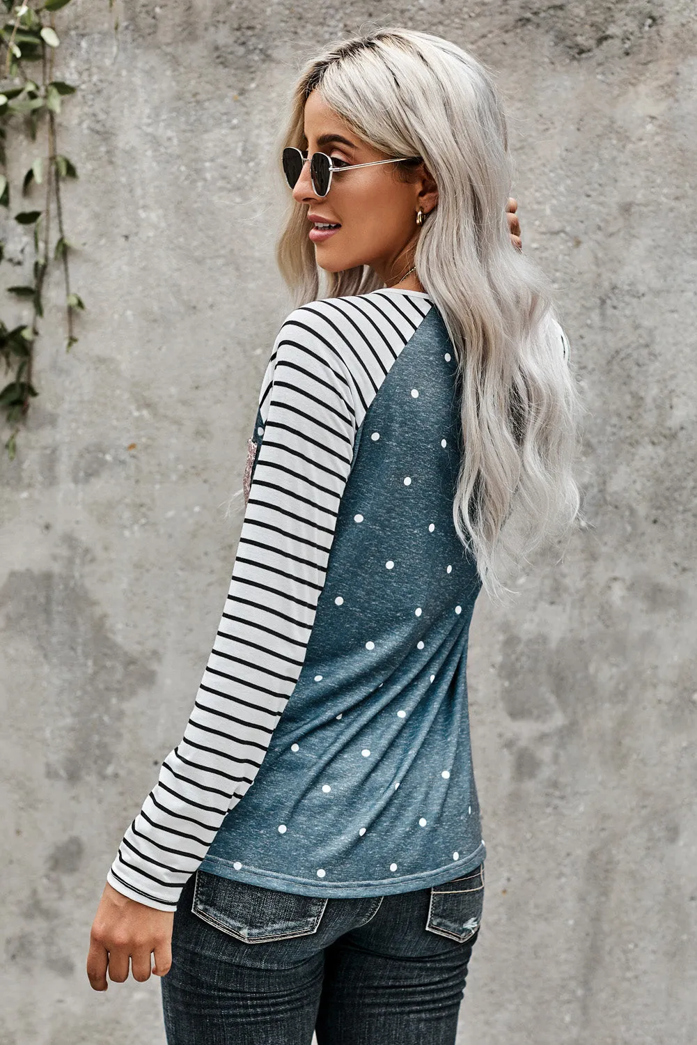 Sequin Pocket Black Leopard Panel Striped Sleeve Top