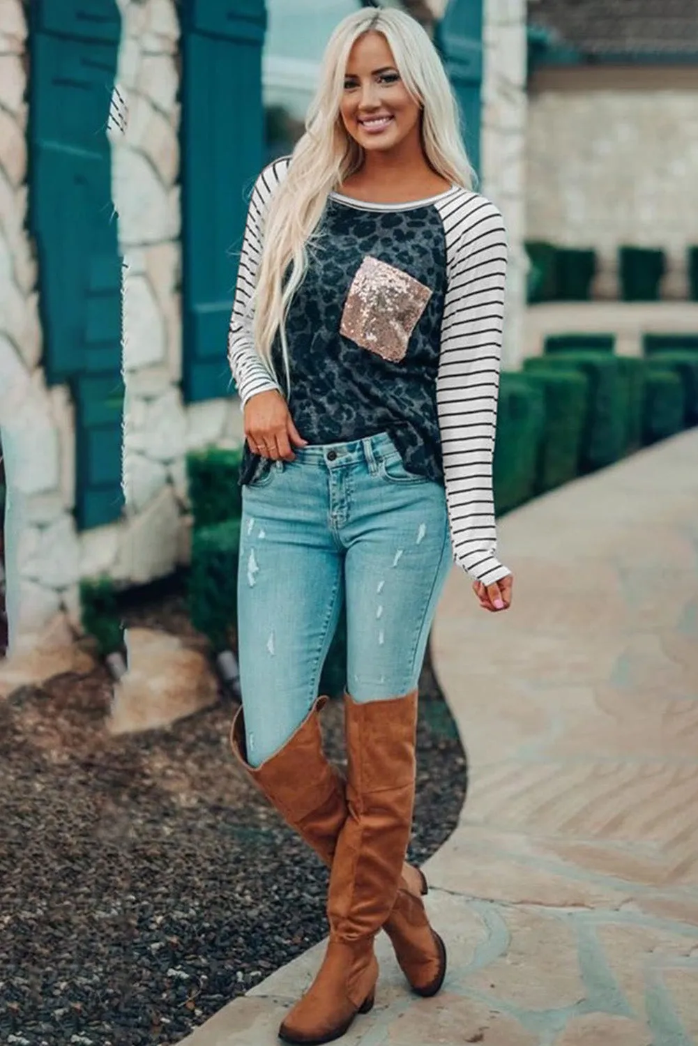 Sequin Pocket Black Leopard Panel Striped Sleeve Top