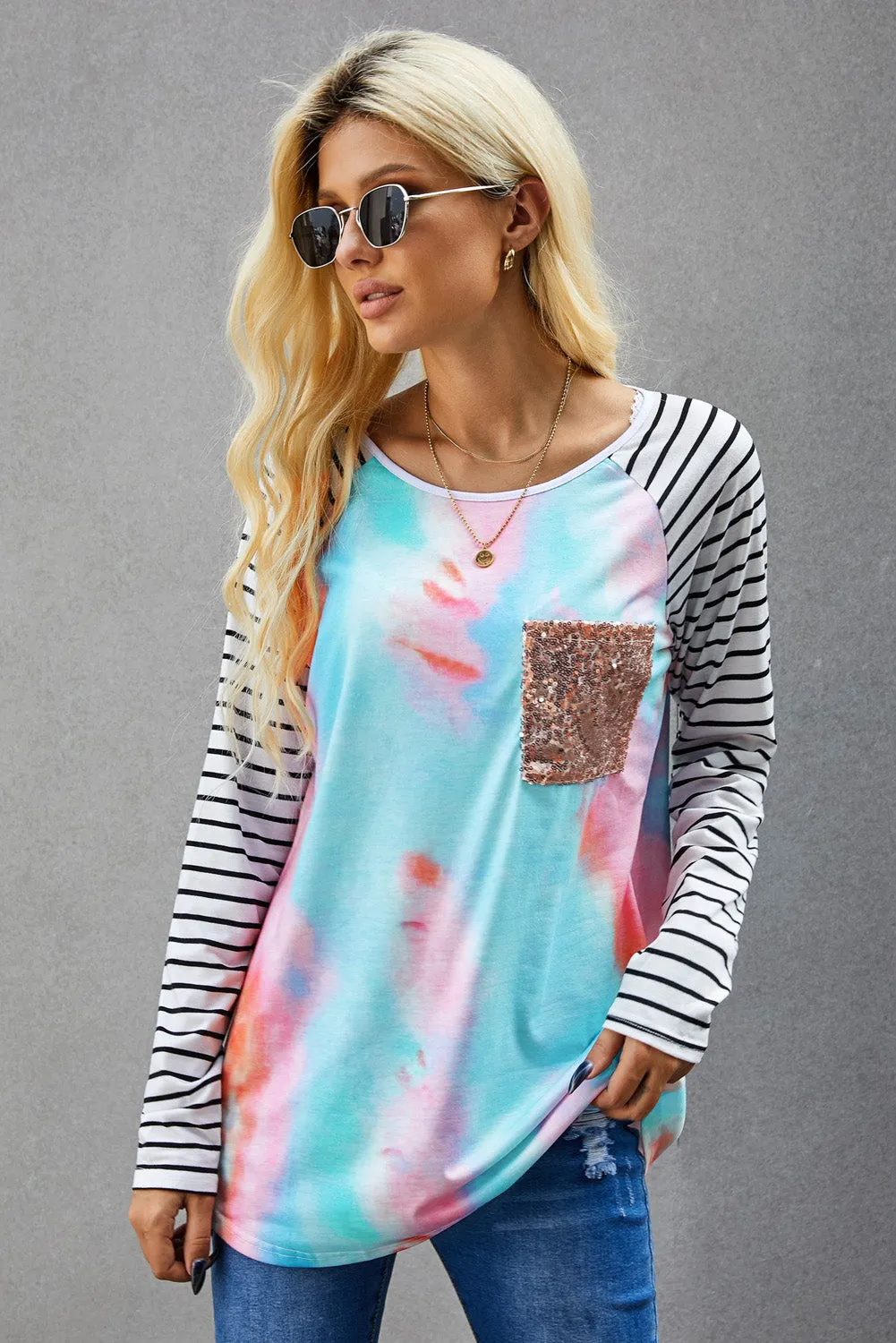 Sequin Pocket Black Leopard Panel Striped Sleeve Top