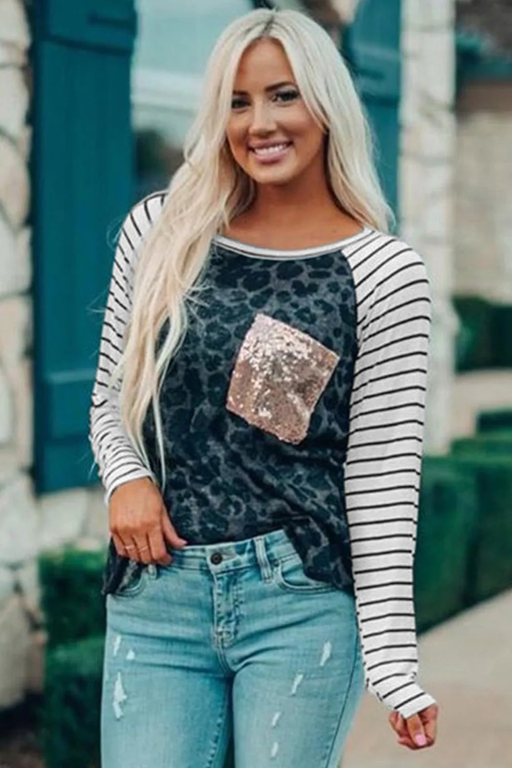Sequin Pocket Black Leopard Panel Striped Sleeve Top