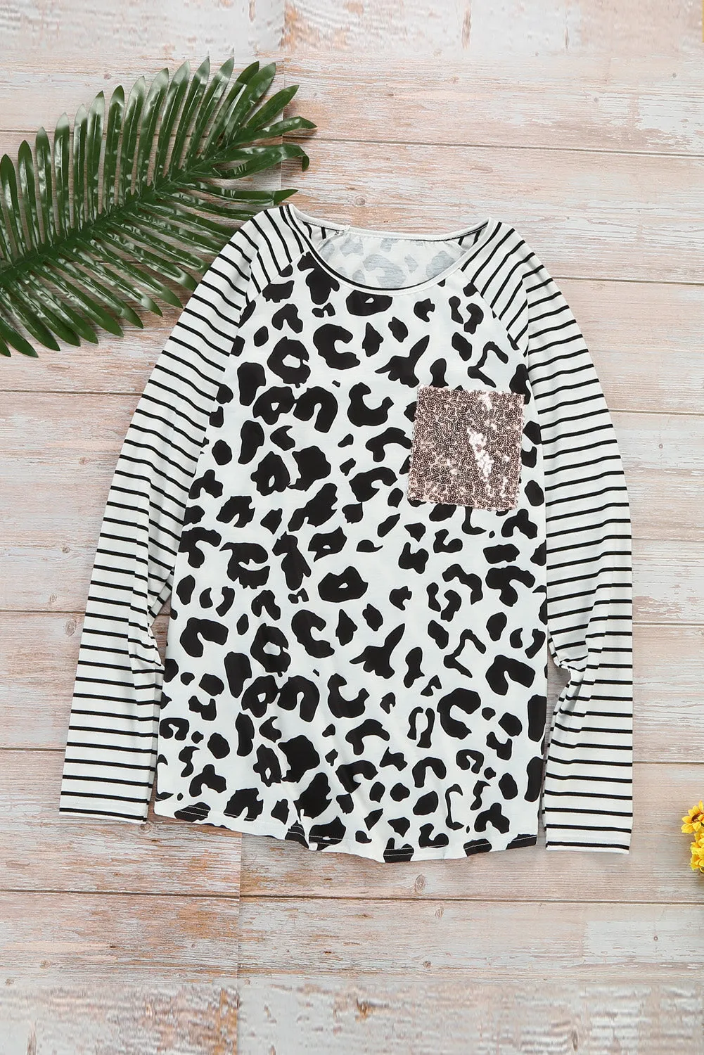 Sequin Pocket Black Leopard Panel Striped Sleeve Top