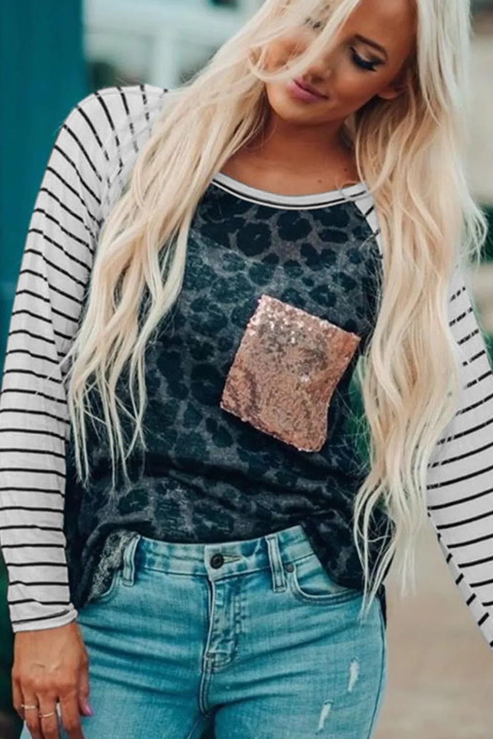 Sequin Pocket Black Leopard Panel Striped Sleeve Top